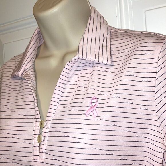 LADY HAGEN Polo Pink Breast Cancer Awareness Embroidered Ribbon Womens Medium - Picture 2 of 11